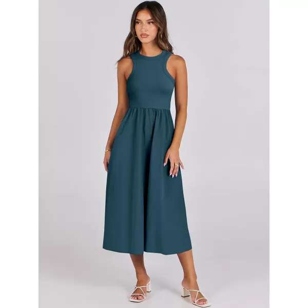imageANRABESS Womens Summer Casual Sleeveless Midi Sundress Knit High Neck Tank Top Racerback Flowy Dresses with PocketsCyan