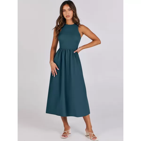 imageANRABESS Womens Summer Casual Sleeveless Midi Sundress Knit High Neck Tank Top Racerback Flowy Dresses with PocketsCyan
