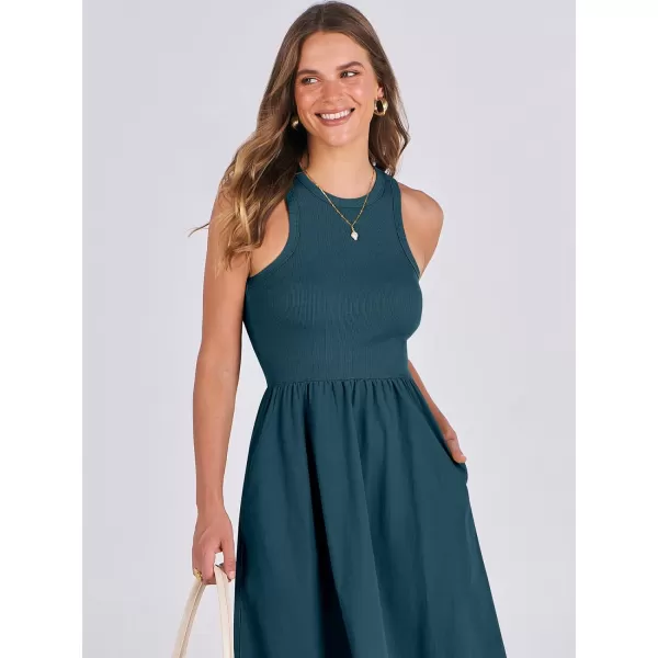 imageANRABESS Womens Summer Casual Sleeveless Midi Sundress Knit High Neck Tank Top Racerback Flowy Dresses with PocketsCyan
