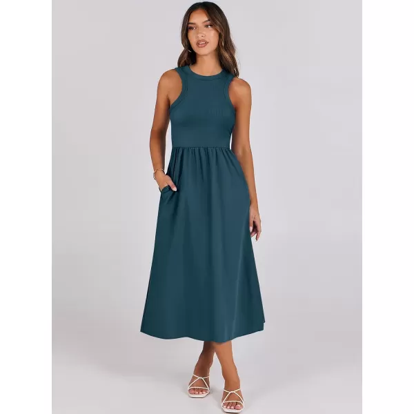 imageANRABESS Womens Summer Casual Sleeveless Midi Sundress Knit High Neck Tank Top Racerback Flowy Dresses with PocketsCyan