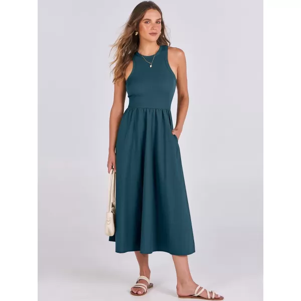 imageANRABESS Womens Summer Casual Sleeveless Midi Sundress Knit High Neck Tank Top Racerback Flowy Dresses with PocketsCyan