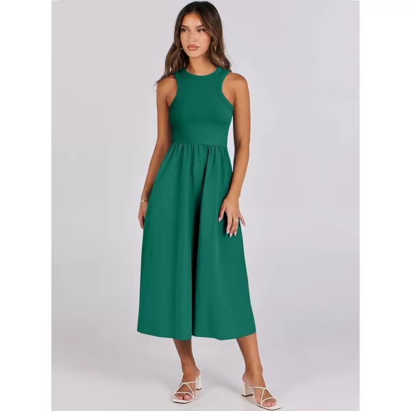 imageANRABESS Womens Summer Casual Sleeveless Midi Sundress Knit High Neck Tank Top Racerback Flowy Dresses with PocketsDark Green