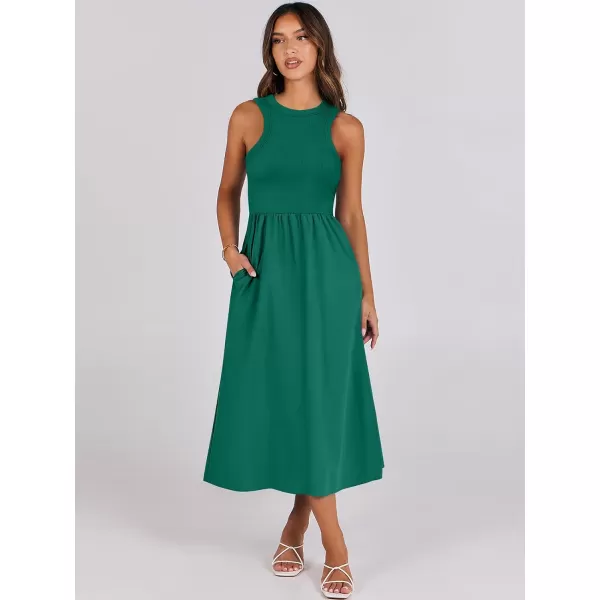 imageANRABESS Womens Summer Casual Sleeveless Midi Sundress Knit High Neck Tank Top Racerback Flowy Dresses with PocketsDark Green