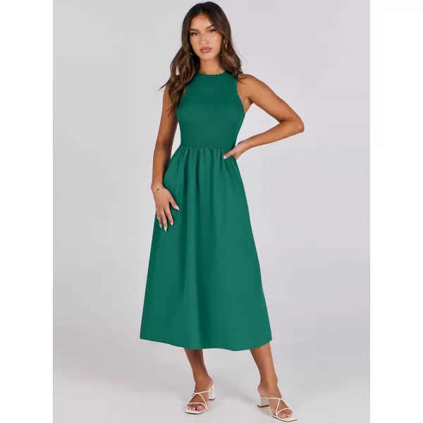 imageANRABESS Womens Summer Casual Sleeveless Midi Sundress Knit High Neck Tank Top Racerback Flowy Dresses with PocketsDark Green