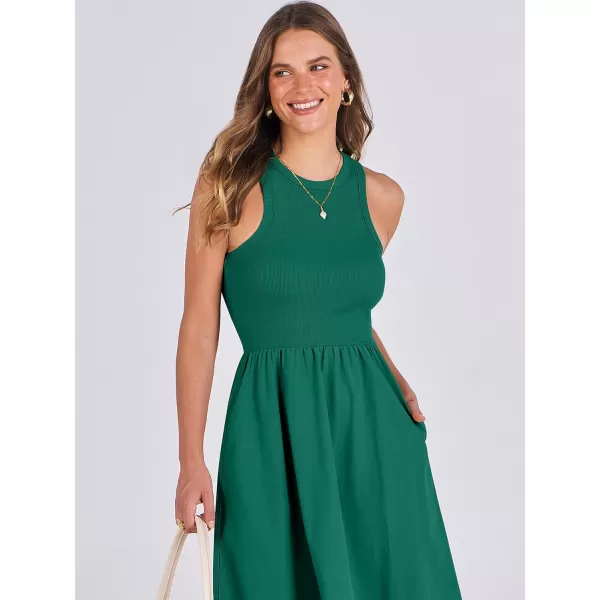 imageANRABESS Womens Summer Casual Sleeveless Midi Sundress Knit High Neck Tank Top Racerback Flowy Dresses with PocketsDark Green