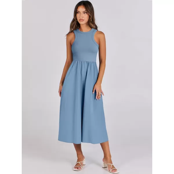 imageANRABESS Womens Summer Casual Sleeveless Midi Sundress Knit High Neck Tank Top Racerback Flowy Dresses with PocketsGray Blue