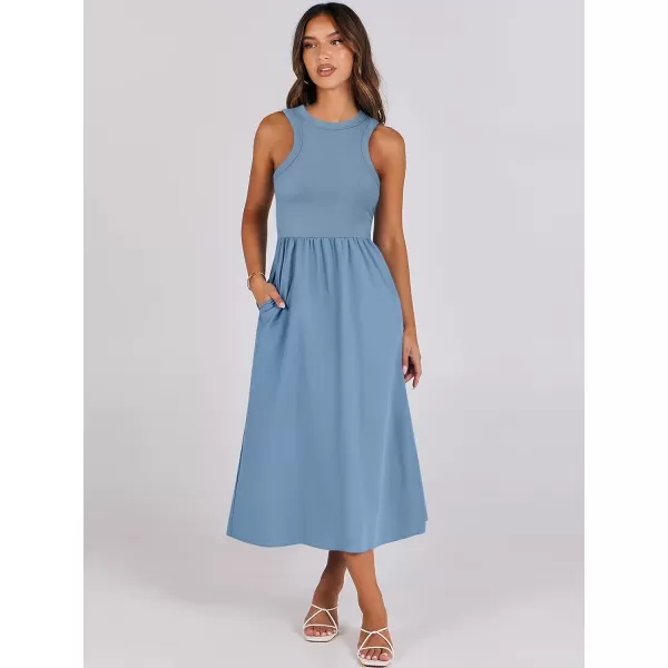 imageANRABESS Womens Summer Casual Sleeveless Midi Sundress Knit High Neck Tank Top Racerback Flowy Dresses with PocketsGray Blue