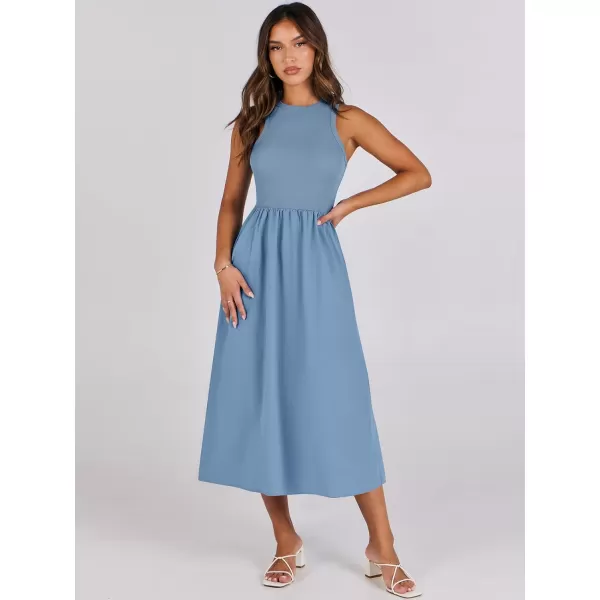 imageANRABESS Womens Summer Casual Sleeveless Midi Sundress Knit High Neck Tank Top Racerback Flowy Dresses with PocketsGray Blue