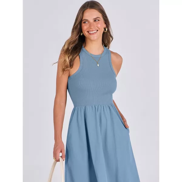 imageANRABESS Womens Summer Casual Sleeveless Midi Sundress Knit High Neck Tank Top Racerback Flowy Dresses with PocketsGray Blue