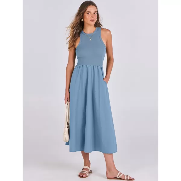 imageANRABESS Womens Summer Casual Sleeveless Midi Sundress Knit High Neck Tank Top Racerback Flowy Dresses with PocketsGray Blue