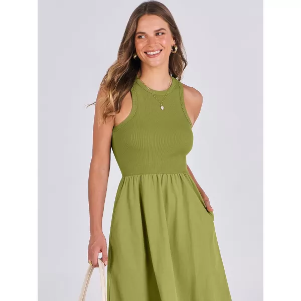 imageANRABESS Womens Summer Casual Sleeveless Midi Sundress Knit High Neck Tank Top Racerback Flowy Dresses with PocketsGreen