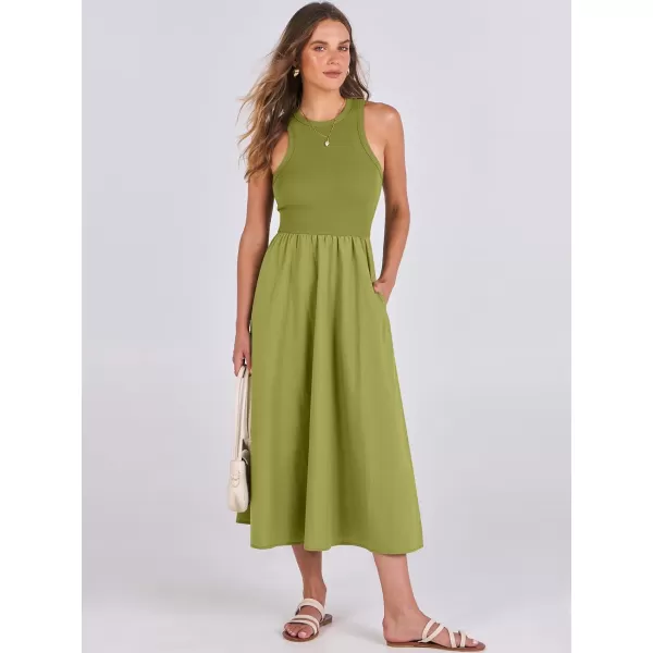 imageANRABESS Womens Summer Casual Sleeveless Midi Sundress Knit High Neck Tank Top Racerback Flowy Dresses with PocketsGreen