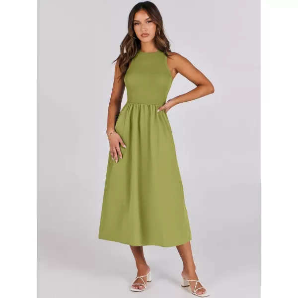 imageANRABESS Womens Summer Casual Sleeveless Midi Sundress Knit High Neck Tank Top Racerback Flowy Dresses with PocketsGreen