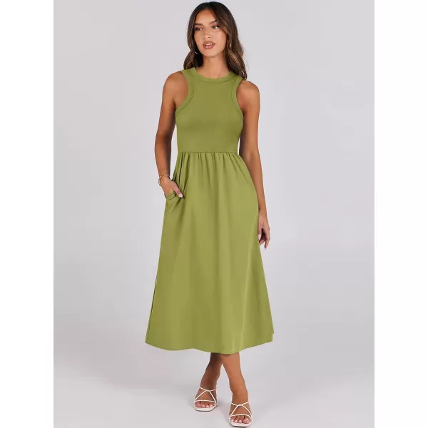 imageANRABESS Womens Summer Casual Sleeveless Midi Sundress Knit High Neck Tank Top Racerback Flowy Dresses with PocketsGreen