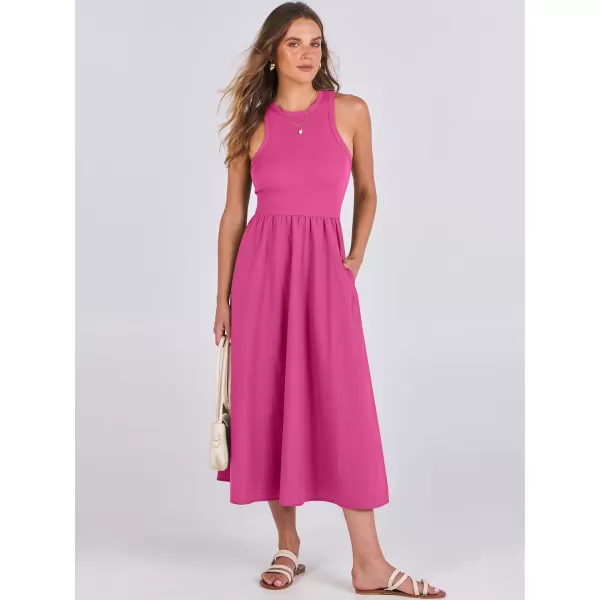 imageANRABESS Womens Summer Casual Sleeveless Midi Sundress Knit High Neck Tank Top Racerback Flowy Dresses with PocketsHot Pink