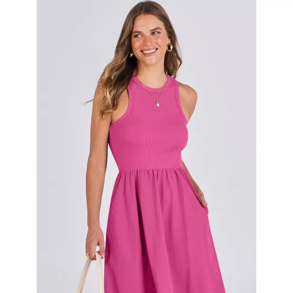 imageANRABESS Womens Summer Casual Sleeveless Midi Sundress Knit High Neck Tank Top Racerback Flowy Dresses with PocketsHot Pink