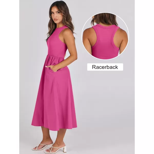 imageANRABESS Womens Summer Casual Sleeveless Midi Sundress Knit High Neck Tank Top Racerback Flowy Dresses with PocketsHot Pink