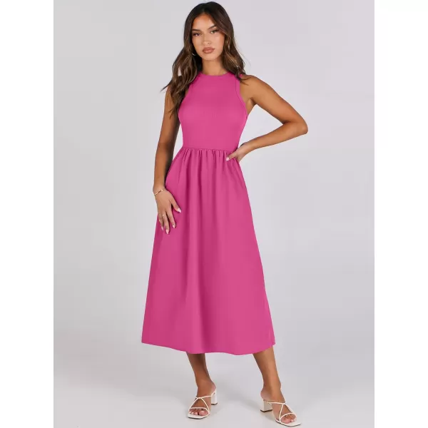 imageANRABESS Womens Summer Casual Sleeveless Midi Sundress Knit High Neck Tank Top Racerback Flowy Dresses with PocketsHot Pink