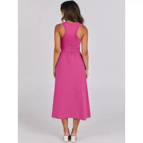 imageANRABESS Womens Summer Casual Sleeveless Midi Sundress Knit High Neck Tank Top Racerback Flowy Dresses with PocketsHot Pink