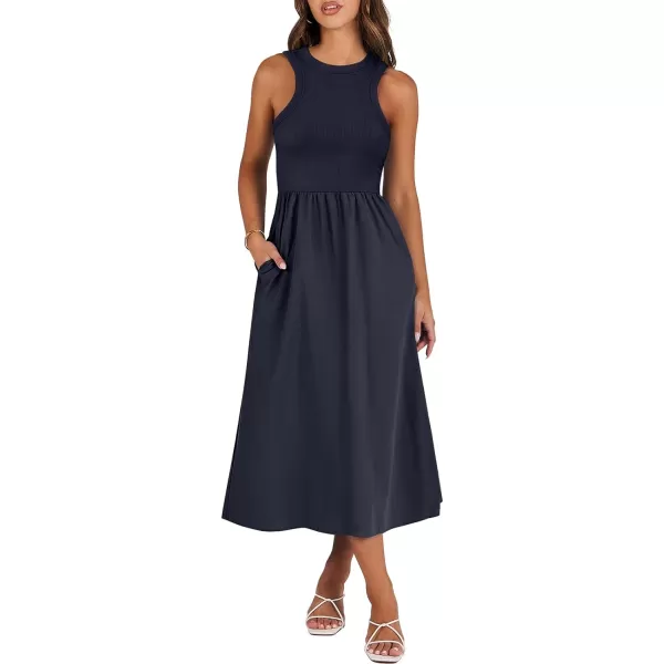 imageANRABESS Womens Summer Casual Sleeveless Midi Sundress Knit High Neck Tank Top Racerback Flowy Dresses with PocketsNavy Blue