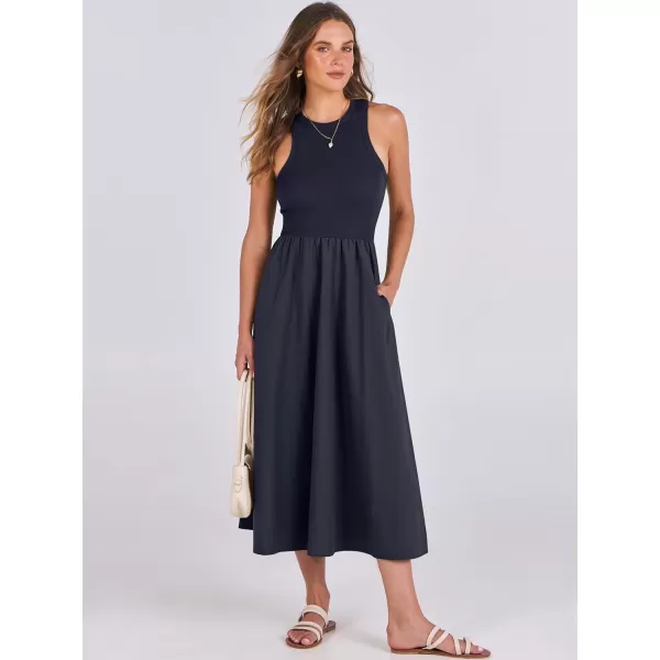 imageANRABESS Womens Summer Casual Sleeveless Midi Sundress Knit High Neck Tank Top Racerback Flowy Dresses with PocketsNavy Blue