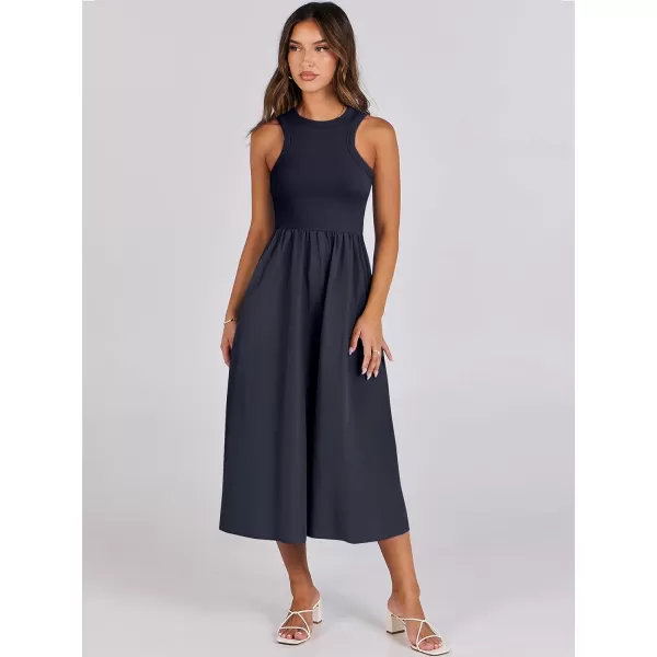 imageANRABESS Womens Summer Casual Sleeveless Midi Sundress Knit High Neck Tank Top Racerback Flowy Dresses with PocketsNavy Blue