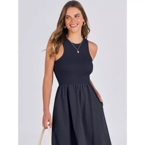imageANRABESS Womens Summer Casual Sleeveless Midi Sundress Knit High Neck Tank Top Racerback Flowy Dresses with PocketsNavy Blue