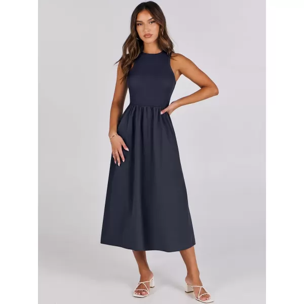 imageANRABESS Womens Summer Casual Sleeveless Midi Sundress Knit High Neck Tank Top Racerback Flowy Dresses with PocketsNavy Blue