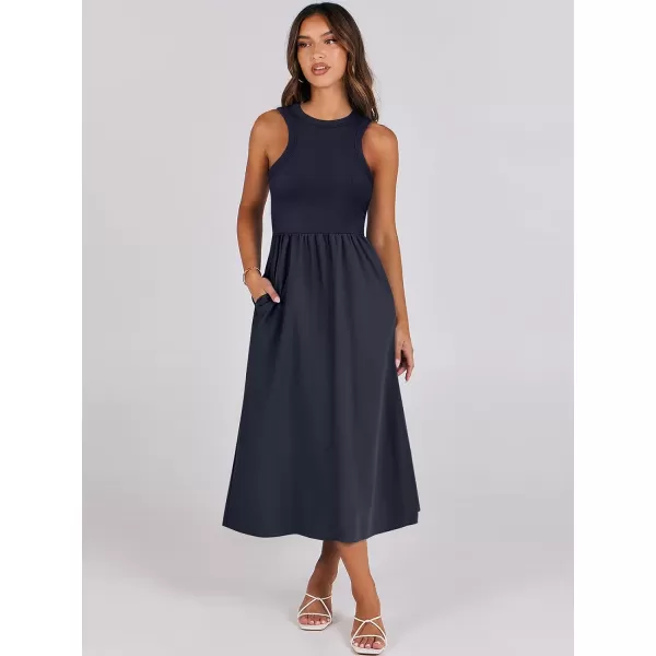 imageANRABESS Womens Summer Casual Sleeveless Midi Sundress Knit High Neck Tank Top Racerback Flowy Dresses with PocketsNavy Blue