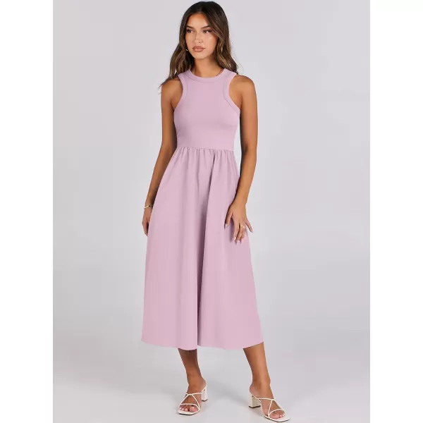 imageANRABESS Womens Summer Casual Sleeveless Midi Sundress Knit High Neck Tank Top Racerback Flowy Dresses with PocketsPink