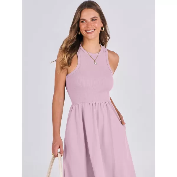 imageANRABESS Womens Summer Casual Sleeveless Midi Sundress Knit High Neck Tank Top Racerback Flowy Dresses with PocketsPink