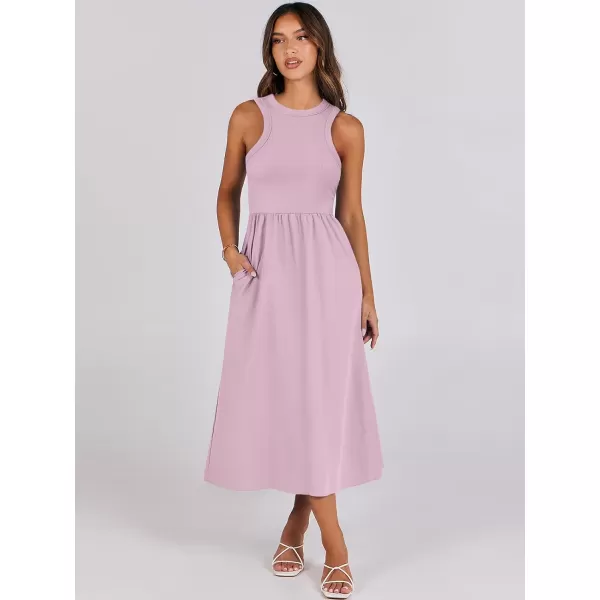 imageANRABESS Womens Summer Casual Sleeveless Midi Sundress Knit High Neck Tank Top Racerback Flowy Dresses with PocketsPink