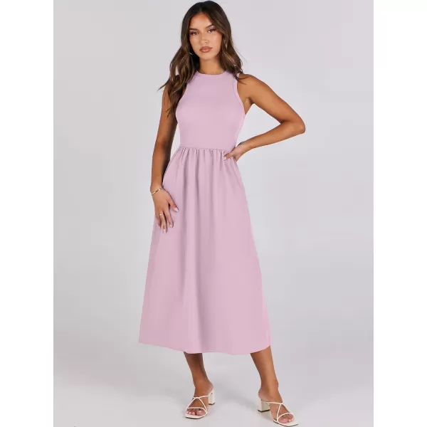 imageANRABESS Womens Summer Casual Sleeveless Midi Sundress Knit High Neck Tank Top Racerback Flowy Dresses with PocketsPink