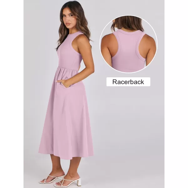imageANRABESS Womens Summer Casual Sleeveless Midi Sundress Knit High Neck Tank Top Racerback Flowy Dresses with PocketsPink