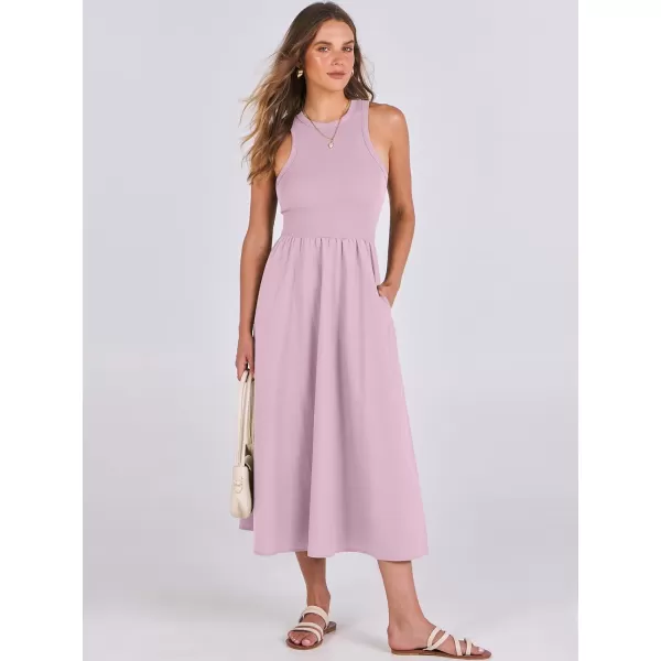 imageANRABESS Womens Summer Casual Sleeveless Midi Sundress Knit High Neck Tank Top Racerback Flowy Dresses with PocketsPink