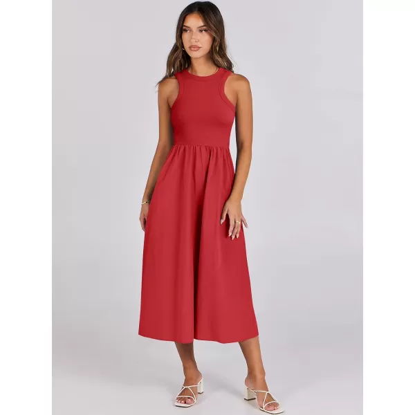 imageANRABESS Womens Summer Casual Sleeveless Midi Sundress Knit High Neck Tank Top Racerback Flowy Dresses with PocketsRed