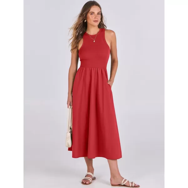 imageANRABESS Womens Summer Casual Sleeveless Midi Sundress Knit High Neck Tank Top Racerback Flowy Dresses with PocketsRed