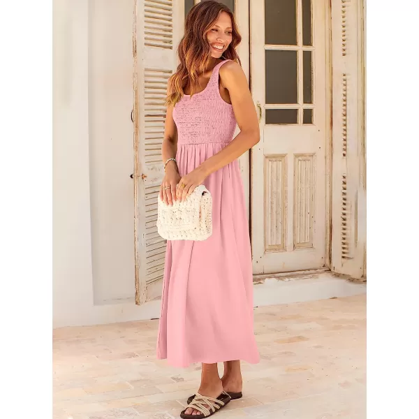 imageANRABESS Womens Summer Casual Sleeveless Scoop Neck Smocked Boho Beach Midi Dress with PocketsPink