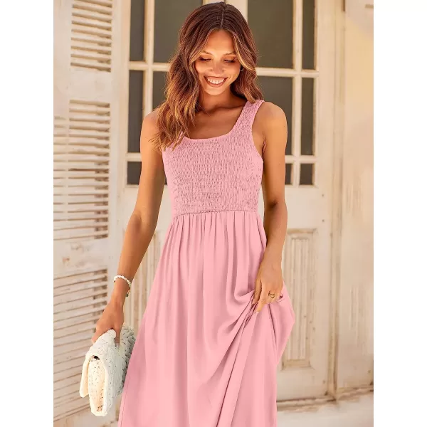imageANRABESS Womens Summer Casual Sleeveless Scoop Neck Smocked Boho Beach Midi Dress with PocketsPink
