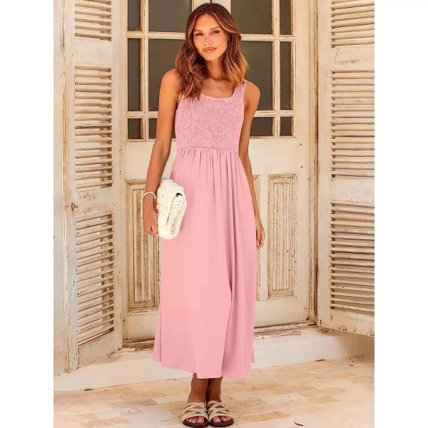 imageANRABESS Womens Summer Casual Sleeveless Scoop Neck Smocked Boho Beach Midi Dress with PocketsPink