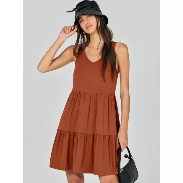 imageANRABESS Womens Summer Casual Sleeveless V Neck Mini Dresses Flowy Tiered Swing Beach SundressBrick Red