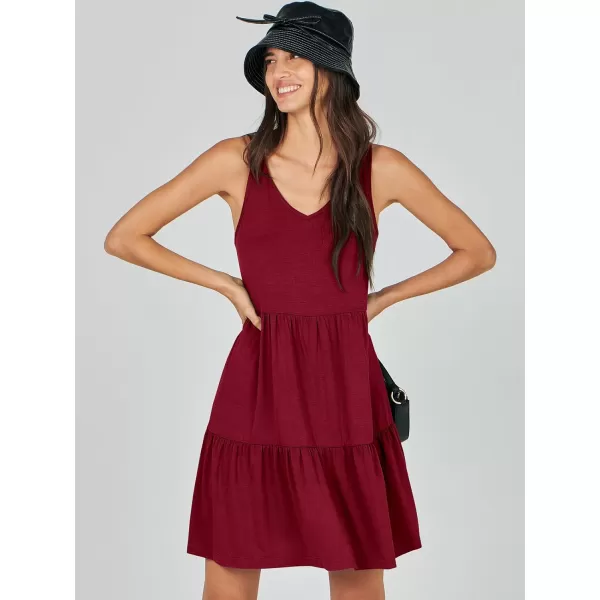 imageANRABESS Womens Summer Casual Sleeveless V Neck Mini Dresses Flowy Tiered Swing Beach SundressRed