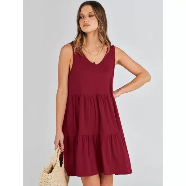 imageANRABESS Womens Summer Casual Sleeveless V Neck Mini Dresses Flowy Tiered Swing Beach SundressRed