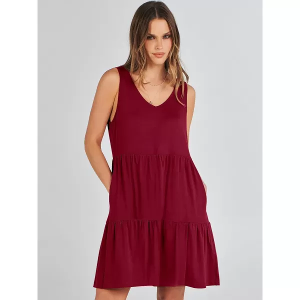 imageANRABESS Womens Summer Casual Sleeveless V Neck Mini Dresses Flowy Tiered Swing Beach SundressRed