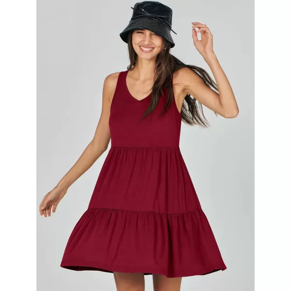 imageANRABESS Womens Summer Casual Sleeveless V Neck Mini Dresses Flowy Tiered Swing Beach SundressRed