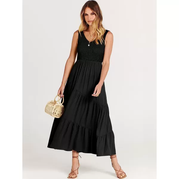 imageANRABESS Womens Summer Casual Sleeveless V Neck Smocked Boho Asymmetric Tiered Beach Long Dress with PocketsBlack