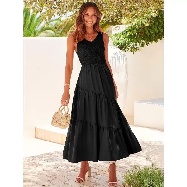 imageANRABESS Womens Summer Casual Sleeveless V Neck Smocked Boho Asymmetric Tiered Beach Long Dress with PocketsBlack