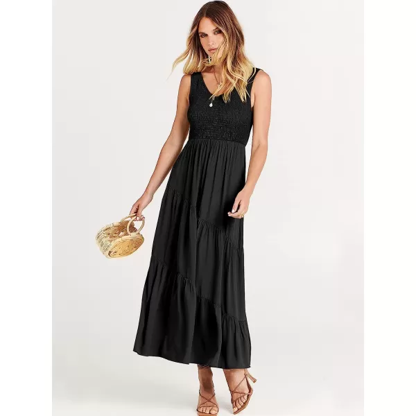 imageANRABESS Womens Summer Casual Sleeveless V Neck Smocked Boho Asymmetric Tiered Beach Long Dress with PocketsBlack