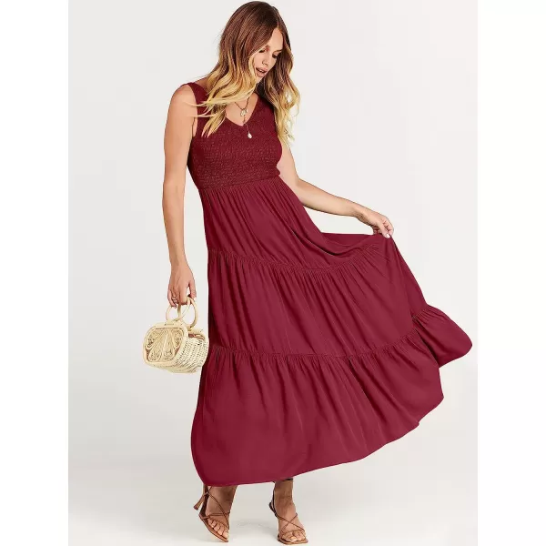 imageANRABESS Womens Summer Casual Sleeveless V Neck Smocked Boho Asymmetric Tiered Beach Long Dress with PocketsDark Red