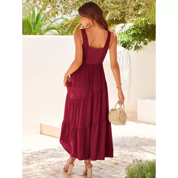 imageANRABESS Womens Summer Casual Sleeveless V Neck Smocked Boho Asymmetric Tiered Beach Long Dress with PocketsDark Red